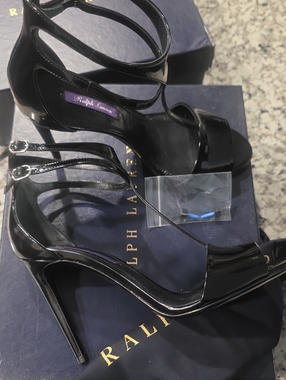 Ralph Lauren Black Patent Leather Purple Label Stiletto Sandals